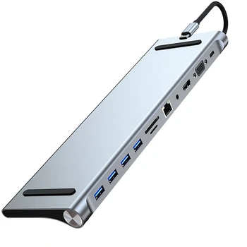 11 В 1 док-станция Type C USB-концентратор 3.0 Разветвитель многопортовый адаптер 4K HDMI-Совместимый RJ45 SD / TF VGA PD Аудио Подставка для ноутбука