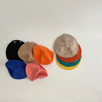 2023 Весенне-осенняя Корейская шапка-берет для маленьких девочек, Вязаная Эластичная Универсальная Детская шапка для девочек, Винтажная Однотонная шапочка для маленьких девочек