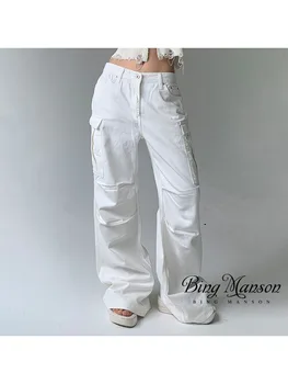 2023, женские осенние повседневные американские уличные брюки прямого кроя, выстиранные и отшлифованные, белые, с боковыми карманами, широкие джинсы