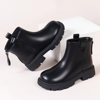 2023 Новые коричнево-черные короткие ботинки для мальчиков на молнии сзади, Весна-осень, шикарные кожаные ботинки для девочек, нескользящая детская обувь для выступлений из искусственной кожи