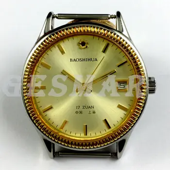 37 мм Шанхайские ручные механические часы Золотой гвоздь Золотой циферблат Круглый корпус 17 дюймов