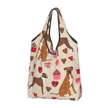 Boxer Dog Valentines, Женская повседневная сумка для покупок через плечо, сумка-тоут большой емкости, портативная сумка для хранения, складные сумки