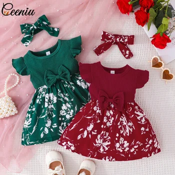 Ceeniu, 2 цвета, платье для маленьких девочек с летящими рукавами, Сарафан в мелкую цветочную полоску в стиле пэчворк для девочек, Одежда для новорожденных девочек