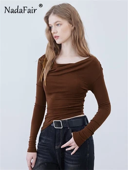 Nadafair, женские осенние футболки 2023 с длинным рукавом, Повседневные базовые топы с рюшами, Элегантные Обтягивающие коричнево-черные футболки Y2K