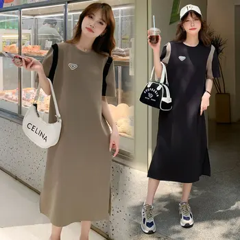 Q50694 # Платье для беременных, Корейское платье больших размеров, женское Лоскутное элегантное стильное тонкое платье для беременных в цветном блоке нового поступления