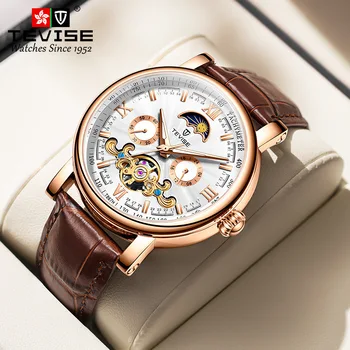 TWES Новые механические часы с резьбой из натуральной кожи, полностью автоматические мужские механические часы, модные водонепроницаемые часы