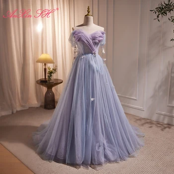 Аньсинь Ш. принцесса Фея фиолетовый цветок кружева бисером Кристалл бабочка лодка шеи кружева большой лук с длинными невесты вечернее платье