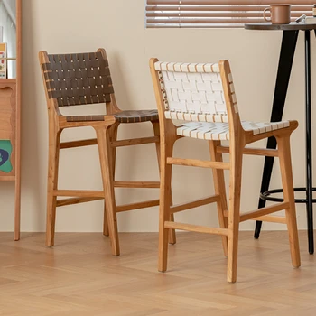 Барные стулья из массива дерева в японском стиле для кухни, простые барные стулья роскошного плетения, креативные вставки, Высокий табурет со спинкой, барный стул