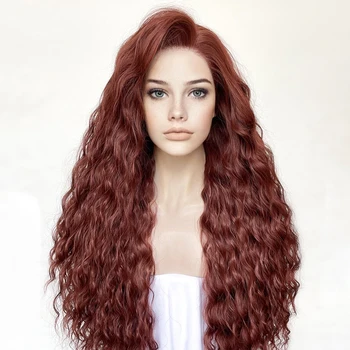 Бесклеевые длинные медно-красно-коричневые синтетические парики с глубоководной волной для женщин, Прозрачные парики на шнурке 13x4, Натуральная линия роста волос