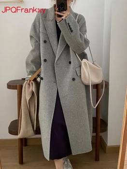 В 2023 году Новое Шерстяное пальто осенью и зимой Имеет Высокий вкус Корейского Длинного шерстяного Серого пальто для девочек, пальто и жакетов для женщин