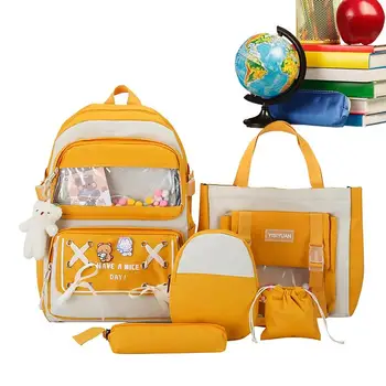 В комплект эстетичного рюкзака входят булавки и плюшевые подвески, эстетичный водонепроницаемый школьный рюкзак, набор из 5 предметов, школьный рюкзак