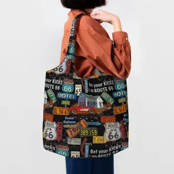Винтажные сумки для покупок по маршруту Америка-Роуд, 66, женские холщовые сумки для покупок на заказ, сумки через плечо, сумки большой емкости
