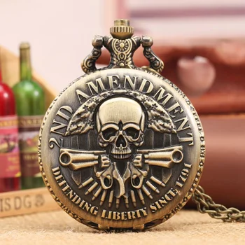 Винтажный бронзовый пистолет, череп, защищающий свободу, Вторая поправка, военное кварцевое ожерелье, карманные часы, подвеска для мужчин, Хэллоуин, Chri