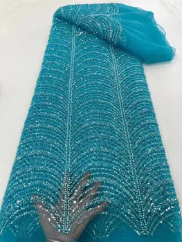 Голубая Французская свадебная кружевная ткань для жениха 2023, Расшитая бисером, Африканская Нигерийская тюлевая кружевная ткань с пайетками ручной работы