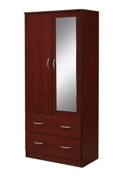 Двухдверный шкаф с двумя выдвижными ящиками и подвесной штангой плюс зеркало, красное дерево