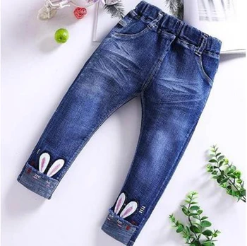Демисезонный Дизайн брюк с милой детской аппликацией в виде кролика и вышивкой, Обтягивающие эластичные Детские брюки для девочек, Джинсы, Детская одежда