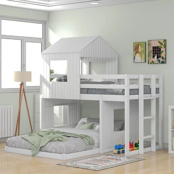 Деревянная двухъярусная кровать с двумя односпальными кроватями, кровать-чердак с игровым домиком, фермерский дом, лестница и ограждения для внутренней мебели для спальни, белый
