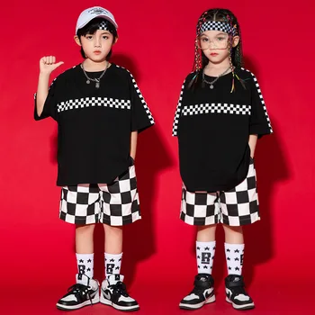 Детская одежда в стиле хип-хоп, черно-белая толстовка, повседневная уличная одежда в клетку, мешковатые брюки для девочек, одежда для джазовых танцев для мальчиков