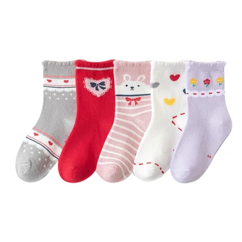 Детские носки для девочек, 5 пар, Весенне-осенний комплект из хлопка с милым рисунком, Детские чулки для маленьких девочек среднего размера, аксессуары для одежды