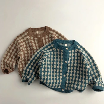 Детский кардиган, свитера, осень-весна, для маленьких мальчиков и девочек, Жаккардовый вязаный хлопковый свитер с длинными рукавами, верхняя одежда для малышей, пальто