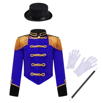 Детский костюм циркового мастера манежа для девочек на Хэллоуин, представление для косплея Фокусника, куртка с длинными рукавами и воротником-стойкой, шляпа с кисточками, Волшебная палочка