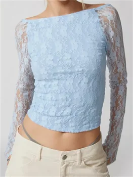 Женские кружевные футболки с цветочным рисунком и открытой спиной, укороченный топ, Летние облегающие прозрачные футболки с длинным рукавом, уличная одежда 2023 г.