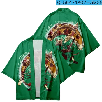 Зеленая Модная одежда с рукавами Seven Points, японские рубашки-кимоно с принтом Карпа Самурая, Мужские Свободные топы-кардиганы