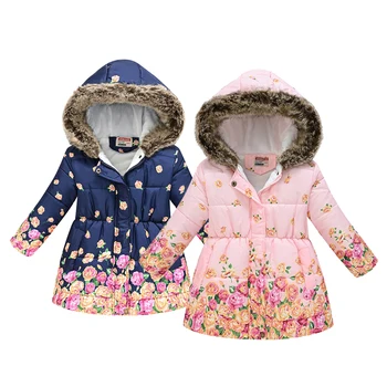 Зимняя куртка FINEPAT для девочек, сохраняющая тепло, меховой воротник, пальто принцессы с цветами, капюшон, молния, Ветрозащитная верхняя одежда, детская одежда