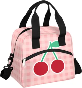 Изолированная сумка для ланча в розовую клетку и вишневый принт со съемным плечевым ремнем и ручкой для переноски Многоразовый экологичный холодильник