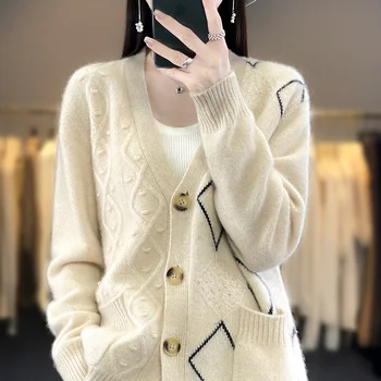 кардиган из 100% чистой шерсти, новый женский свитер с V-образным вырезом, удобное и универсальное осенне-зимнее вязаное женское пальто с длинным рукавом