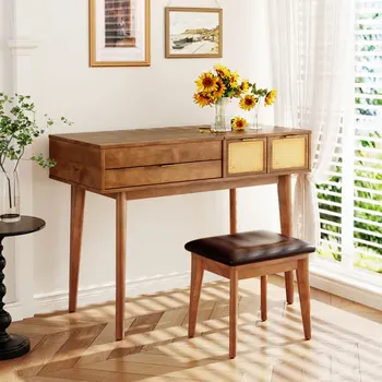 Классический деревянный туалетный столик для макияжа с перевернутым зеркалом и табуреткой, комод с тремя выдвижными ящиками и местом для хранения, коричневый