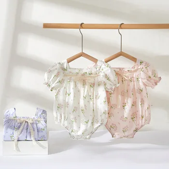 Комбинезон для маленьких девочек Летняя Одежда для новорожденных Девочек Хлопчатобумажные боди с цветочным принтом и коротким рукавом Комбинезоны