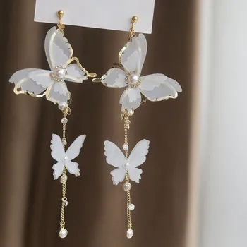 Кружевные белые серьги-бабочки, преувеличенные большие летящие длинные серьги-бабочки-клипсы без пирсинга для женской свадьбы