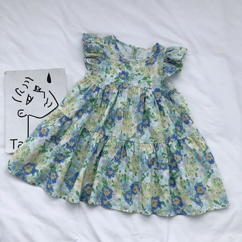Летнее Детское платье Для девочек Хлопковое Плиссированное платье с коротким рукавом и цветочным рисунком, детская мода, юбка принцессы в пасторальном стиле