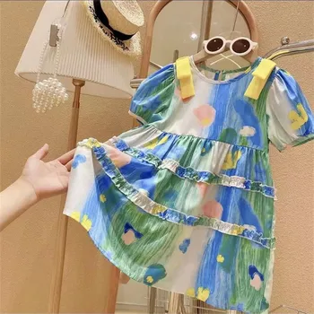 Летнее платье в стиле бутика 2023 года для маленьких девочек, детские платья с принтом в пасторальном стиле, повседневная свободная цельная верхняя одежда для младенцев