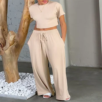 Летний Базовый женский пижамный комплект 2023 из 2 предметов, однотонные трикотажные топы с коротким рукавом и эластичные брюки, мягкая пижама для ночного белья