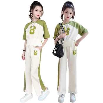 Летний костюм для девочек, широкие брюки, Новый детский летний комплект из двух предметов с коротким рукавом, свободные спортивные комплекты на возраст от 4 до 12 лет
