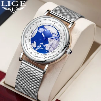 Лидирующий бренд LIGE Роскошные кварцевые часы с ультратонким сетчатым ремешком, мужские часы Blue Planet Creative Earth, водонепроницаемые повседневные спортивные мужские часы