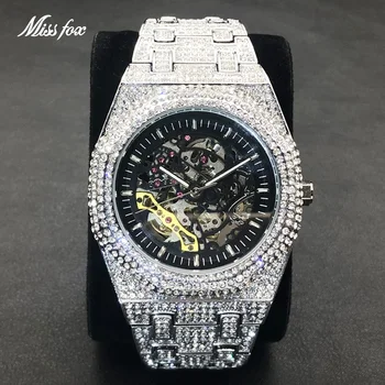 Мужские автоматические часы Iced Out в стиле хип-хоп, роскошные часы с бриллиантами, модные механические часы с турбийоном в виде серебряного скелета