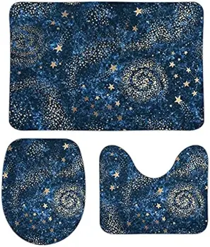 Нескользящий коврик для ванной, включающий U-образный контурный коврик, чехол для сиденья унитаза Galaxy Dark Blue Gold Nebula, очень мягкий коралловый
