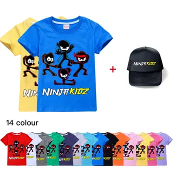 Новая Летняя Футболка Ninja Kidz, Детская Футболка с Рисунком Каваи и 3D Для Мальчиков И девочек, Детская Одежда Унисекс С Короткими Рукавами + шляпа от солнца