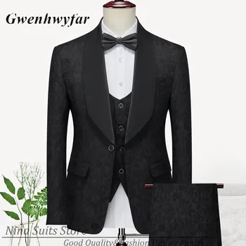Новые Мужские костюмы Gwenhwyfar 2023 Черного цвета Jacqaurd Включают в Себя Блейзер Жилет и брюки Ручной работы С Цветочным узором Homme Wear