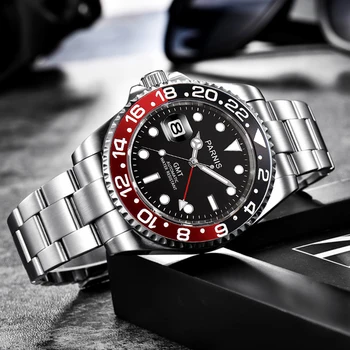 Новые роскошные механические автоматические часы Parnis 40 мм с красным и черным безелем, сапфировое стекло, календарь, спортивные часы для мужчин reloj hombre