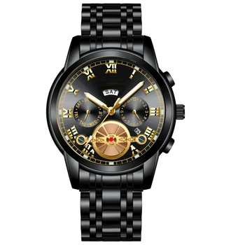 Новые часы Мужские модные черные часы Мужские маховик Стальной ремешок Черные бриллиантовые немеханические мужские часы