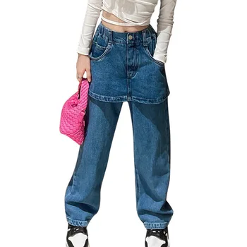 Новый дизайн, модные джинсы-юбки для девочек, синие джинсы с высокой талией, длинные джинсы с юбкой миди, комплект брюк для детей 5-14 лет
