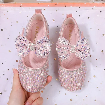 Обувь принцессы для девочек; новинка осени 2023 года; Детская кожаная обувь на мягкой подошве с галстуком-бабочкой и блестками; Детская обувь с кристаллами;