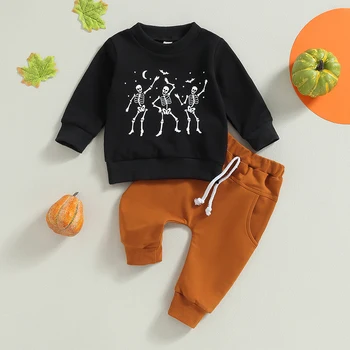 Одежда для маленьких мальчиков из 2 предметов, толстовка с длинными рукавами и эластичными штанами с принтом скелета на Хэллоуин для маленьких мальчиков, осенний спортивный костюм