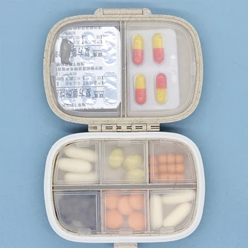 Органайзер для таблеток на 8 сеток, Дорожная коробочка для таблеток с уплотненным кольцом, Маленькая коробочка для таблеток, коробка-органайзер для контейнеров для лекарств из пшеничной соломы