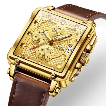 Оригинальные мужские часы OLEVS от топового люксового бренда Skeleton Square Спортивные часы с модным кожаным ремешком, водонепроницаемые кварцевые часы с остановкой 9925