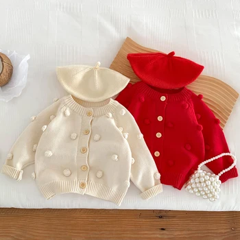 Осеннее вязаное пальто ручной работы для маленьких девочек, кардиган ручной работы с длинными рукавами для новорожденных девочек, вязаное модное пальто для маленьких девочек